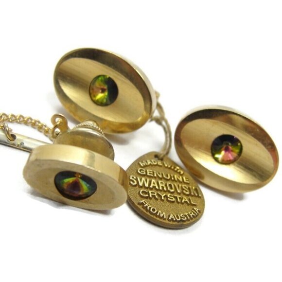 Sarah Coventry Cufflinks Set Swarovski Crystal Gold Tone Wedding Tux Vintage - Picture 1 of 13